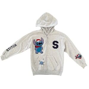 Disney Stitch Holiday‎ Hoodie XS Santa Hat Gray Zip Up Sweatshirt Cotton Cozy